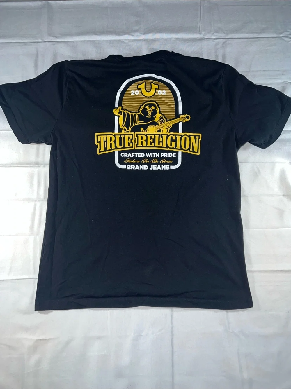 True Religion Black Tee with Yellow Logo Arch Graphic